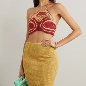 ETRO cropped crochet halter neck top in burgundy and yellow